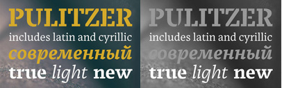 Pulitzer‚ a contemporary slab serif inspired by the broad nib pen‚ designed by Olga Pankov. It supports Latin and Cyrillic.