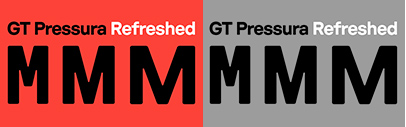 GT Pressura has three new weights (Text‚ Medium and Black) and a new Extended subfamily.