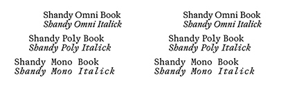The Pyte Foundry released Shandy. It consists of three subfamilies: Shandy Omni&sbquo; Shandy Poly&sbquo; and Shandy Mono.
