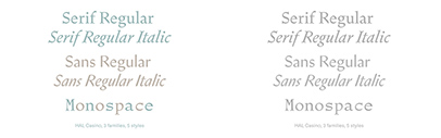 HAL Typefaces released HAL Casino. It comes in three subfamilies: Serif&sbquo; Sans&sbquo; and Mono.