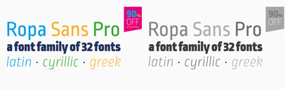 Ropa Sans Pro‚ a sans serif font family of 8 weights plus extra designed italics and small caps. 90% off till May 16.