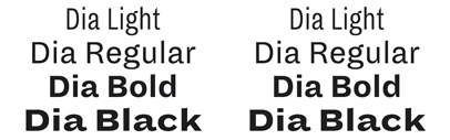 Dia is a type family that features the most distinctive weights of a superfamily‚ from light condensed to black extended.