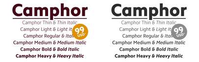 All 12 weights of Camphor by Nick Job are now available from Linotype.com for only $99 USD (or € 99.00). The offer is only available until November 29th.