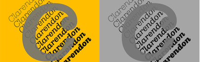 Clarendon Graphic by  François Rappo. It comes with 10 weights and corresponding italics. The stencil version comes with 3 weights and corresponding italics.
