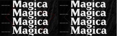 The Magica family is generated from three basic interpolation premises; width‚ weight and serif.
