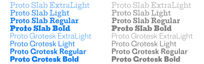 Proto Slab and two thinner weights of Proto Grotesk by @ProductionType
