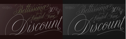 Bellissima Script‚ a copperplate script typeface‚ by Alejandro Paul. Bellissima Script Pro is a complete font with almost 2000 characters full of alternates‚ swashes‚ ligatures & ornaments covering a wide palette of latin languages.
