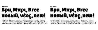 Bree was updated; a new weight‚ improved k and Euro symbol‚ additional glyphs‚ and Vietnamese characters. Besides of them‚ Bree Cyrillic and Greek were released.