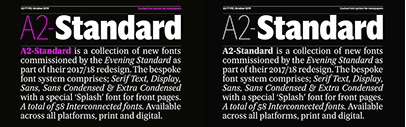 A2-Type released A2 Standard Text‚ Display‚ Sans‚ Condensed‚ X Condensed‚ Splash and Engraved.