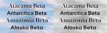 Newglyph‚ a new foundry specializing in variable fonts‚ is online. Alaska Beta‚ Amazonia Beta‚ Antarctica Beta‚ and Atacama Beta are available.