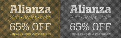 Alianza‚ comes with three styles; slab‚ italic and script by Corradine Fonts.