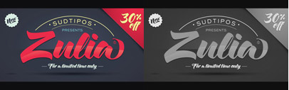 Zulia‚ based on the calligraphic styles: italic and Brush Pen‚ by Joluvian and Ale Paul. 30% off till Sep 7.
