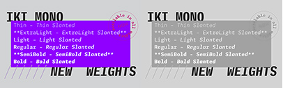 Two new weights‚ ExtraLight and SemiBold‚ were added to Iki Mono.