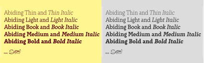 Abiding‚ a Slab Serif font family of five weights for headline and text use by Suomi.