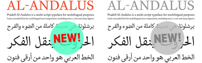 Al-Andalus‚ the Arabic script that fits with Pradell Roman‚ includes extended Latin character set together with the Arabic script‚ including Farsi and Urdu.