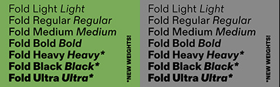 Fold Grotesque was expanded. Heavy‚ Black‚ and Ultra were added.
