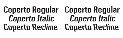 Coperto‚ a sans serif typeface based on an oblong shape with an explicit stroke contrast.
