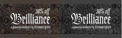 Brilliance‚ a glamorous contemporary display blackletter combining the rich tapestry of Textura with a hint of the airy lightness of Spencerian script. Special offer 30% off.