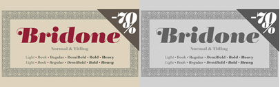 Bridone‚ a modern serif between British slab serifs and Didones‚ by Josep Patau Bellart. 70% off till January 12.