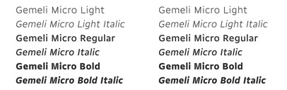 Gemeli Micro‚ a sans serif with large x-height and ink traps‚ by @ProductionType