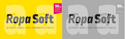Ropa Soft Pro‚ a soft and narrow sans serif‚ by Botio Nikoltchevl. 90% off till Dec 7.